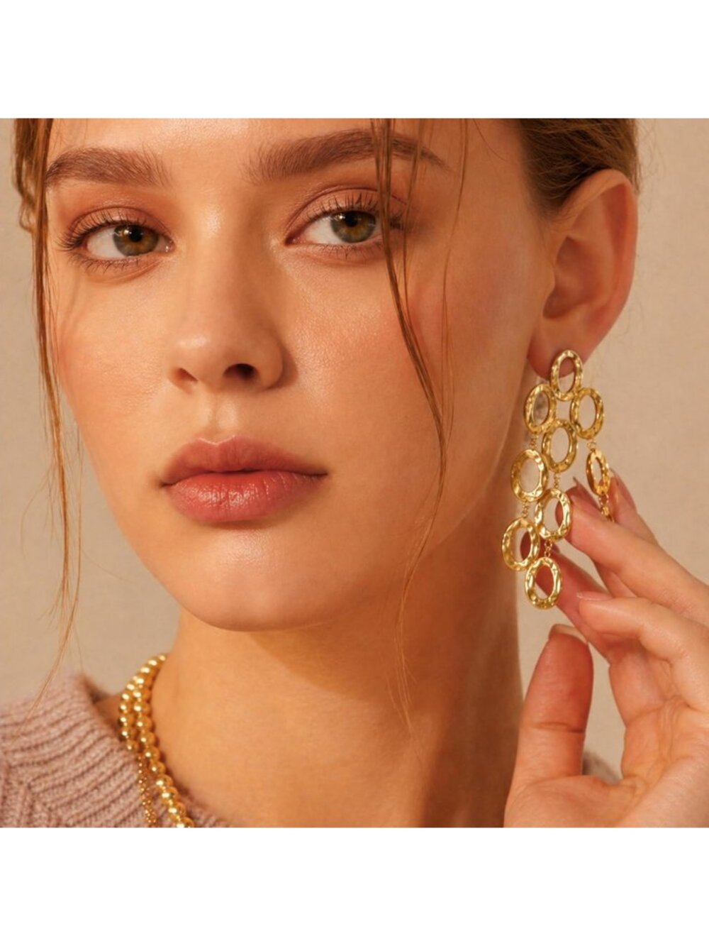 Women's Gold 18k Gold Plated Statement Hammered Chandelier Long Oval Earrings - Picture 4 of 7